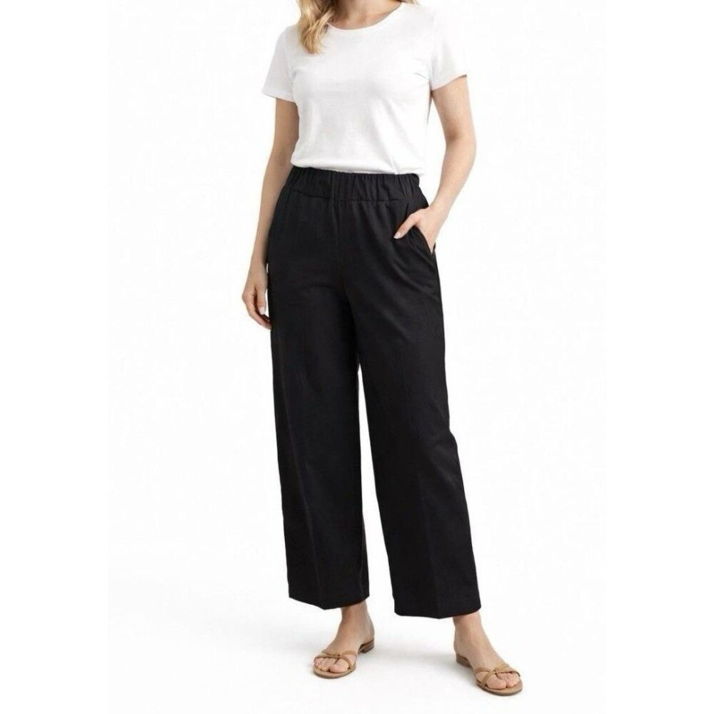 H &M Women Wide Leg Crinkle Crop Black Stretch Elastic Waistband Pull On Size XL